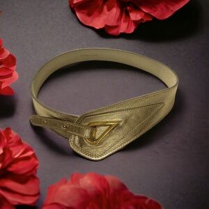 Glam Wide Gold Leather Vintage Calderon Belt with Loop Through Buckle Sz:M